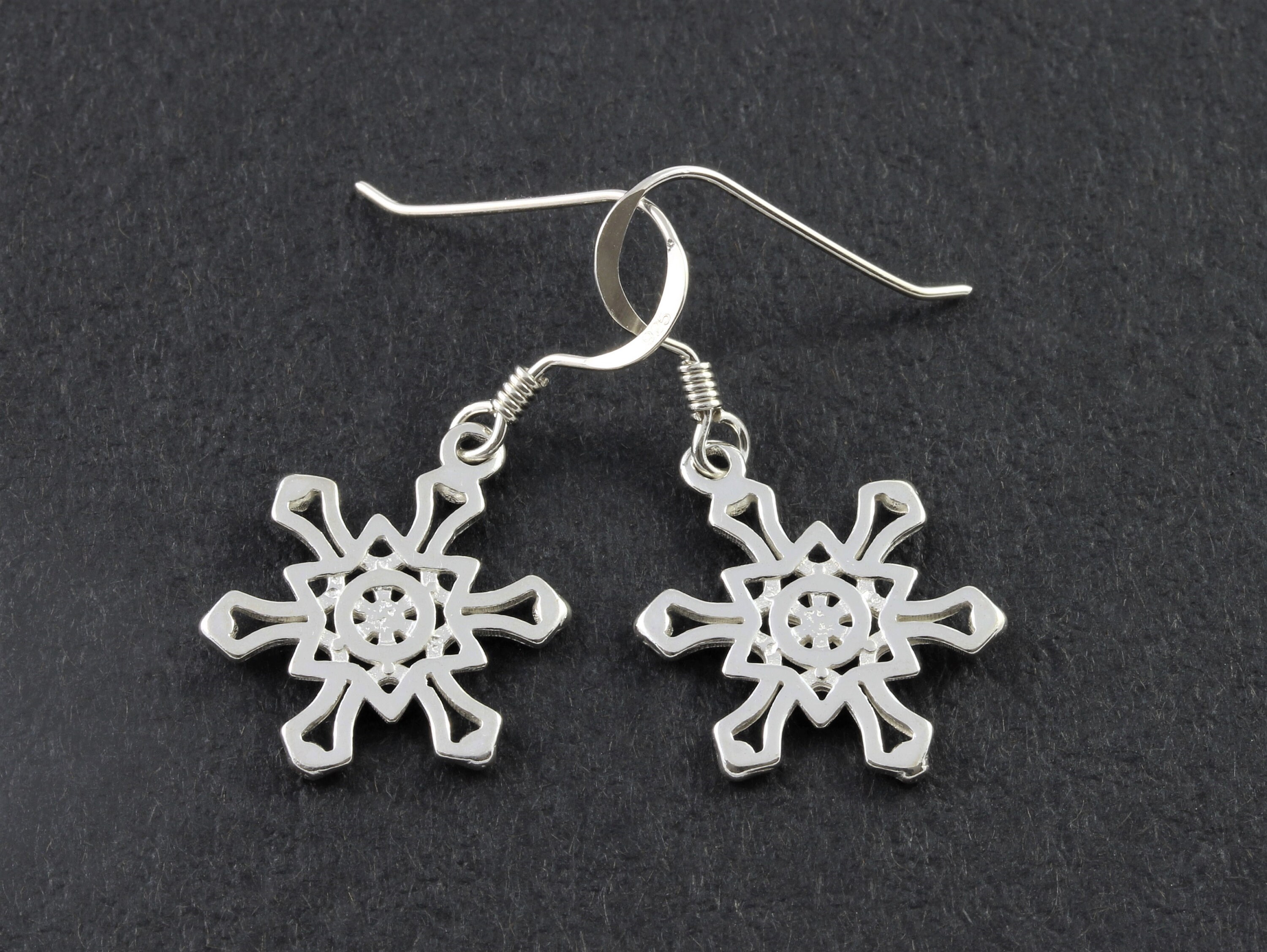 sterling Silver Fancy Christmas Snowflake Drop Earrings