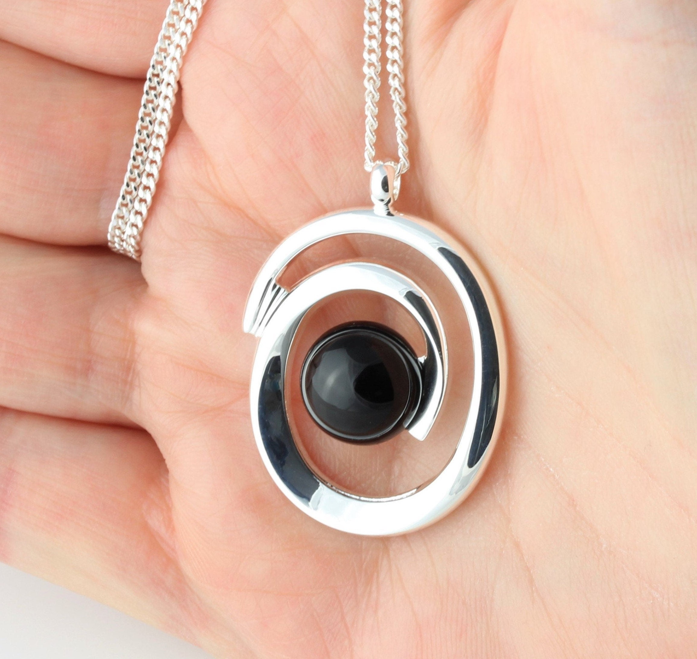 Natural Black Onyx Gemstone Cabochon Swirl Pendant