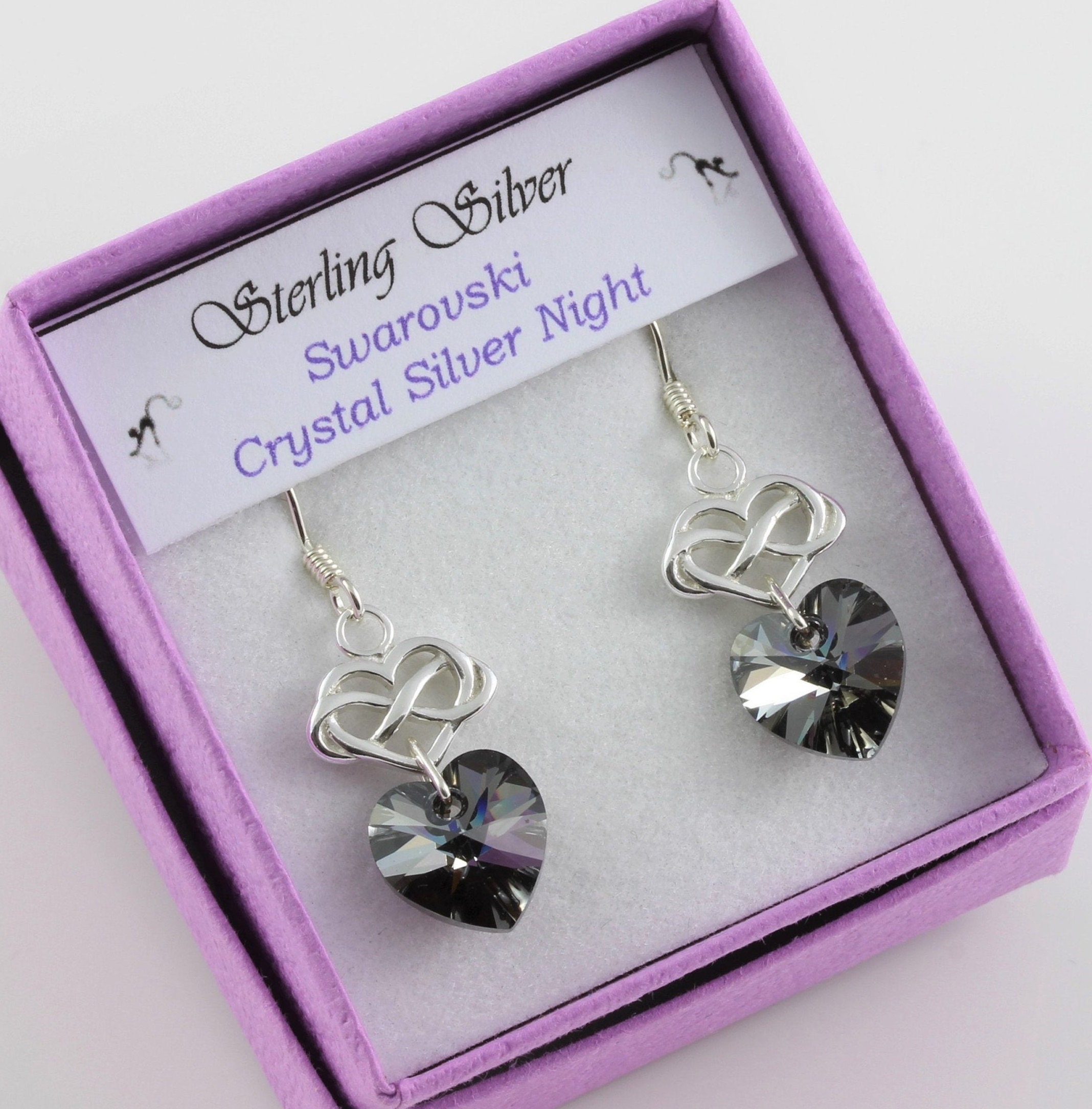 sterling Silver & Swarovski Crystal Silver Night Infinity Heart Drop Earrings