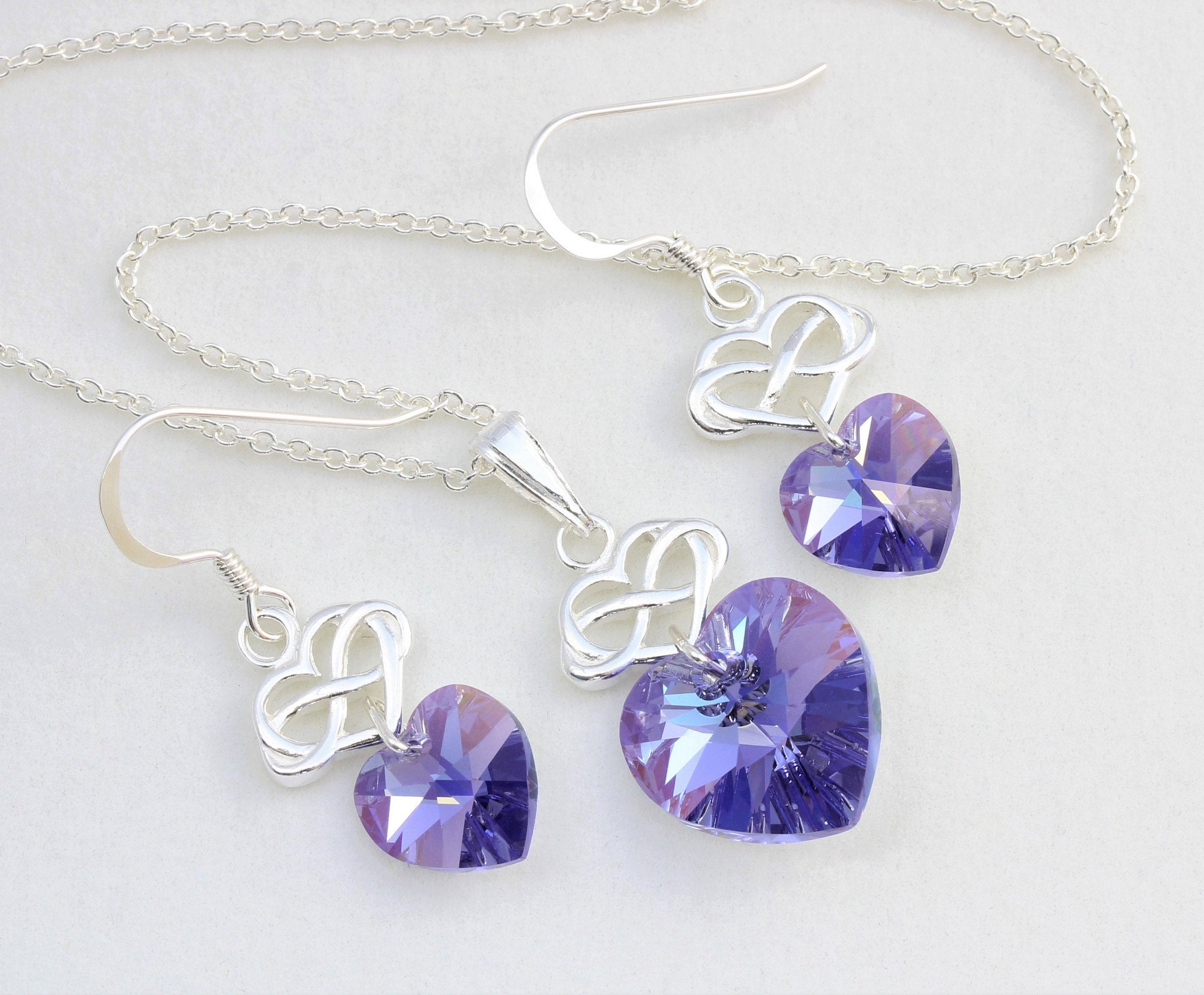 December Birthstone Sterling Silver & Swarovski Tanzanite Ab Crystal Infinity Heart Necklace & Earring Set