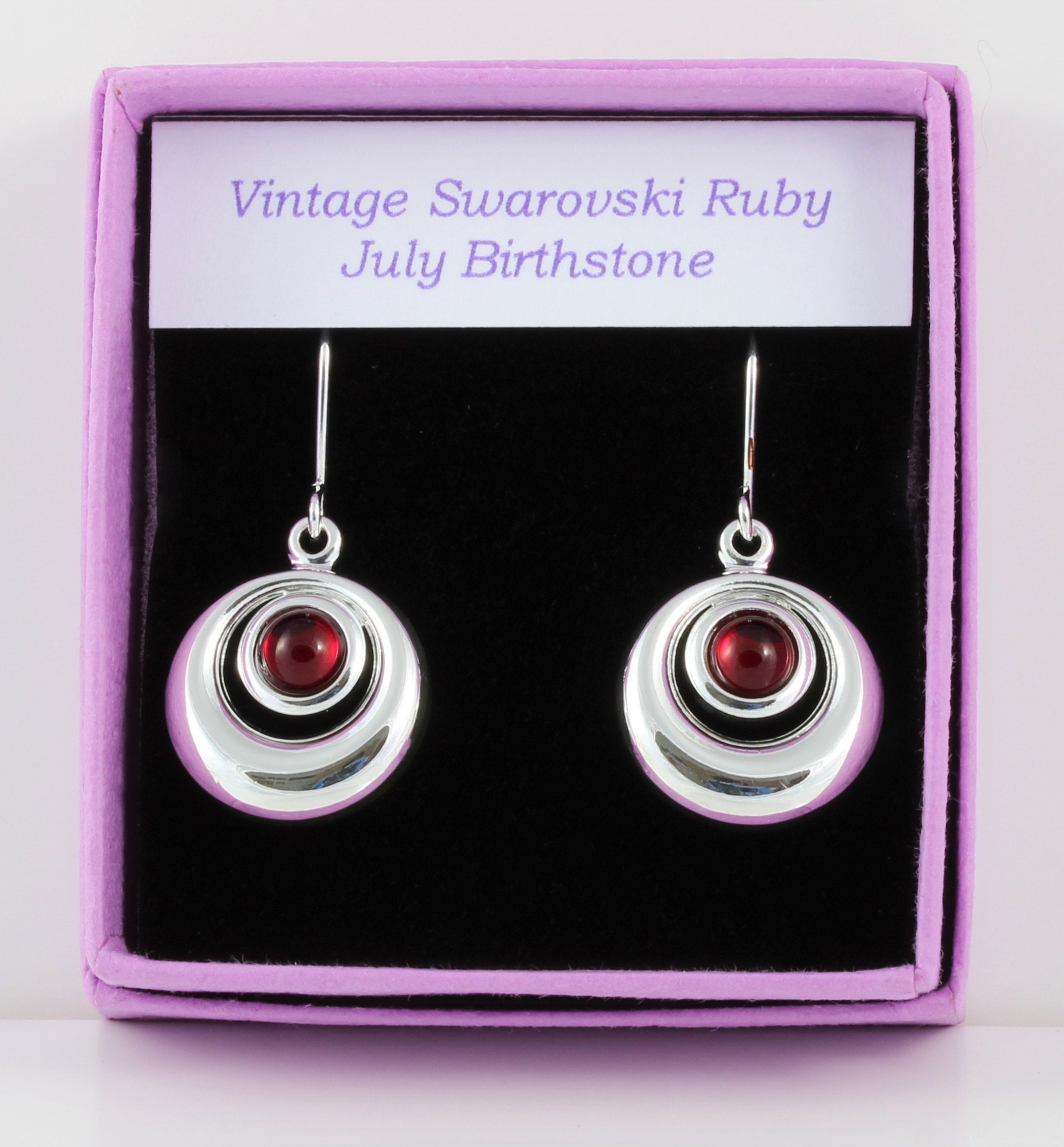 July Birthstone Vintage Swarovski Ruby Crystal Circular Cabochon Drop Earrings