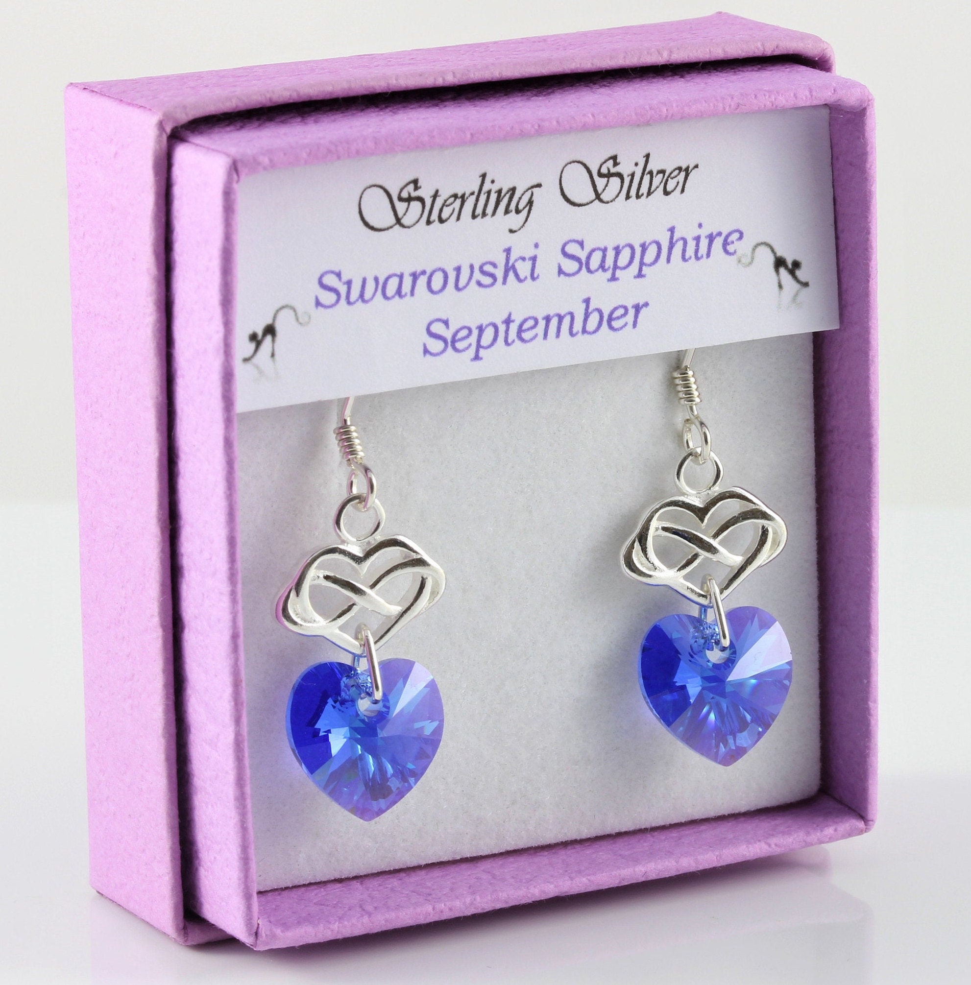 September Birthstone Sterling Silver & Swarovski Sapphire Ab Crystal Infinity Heart Earrings