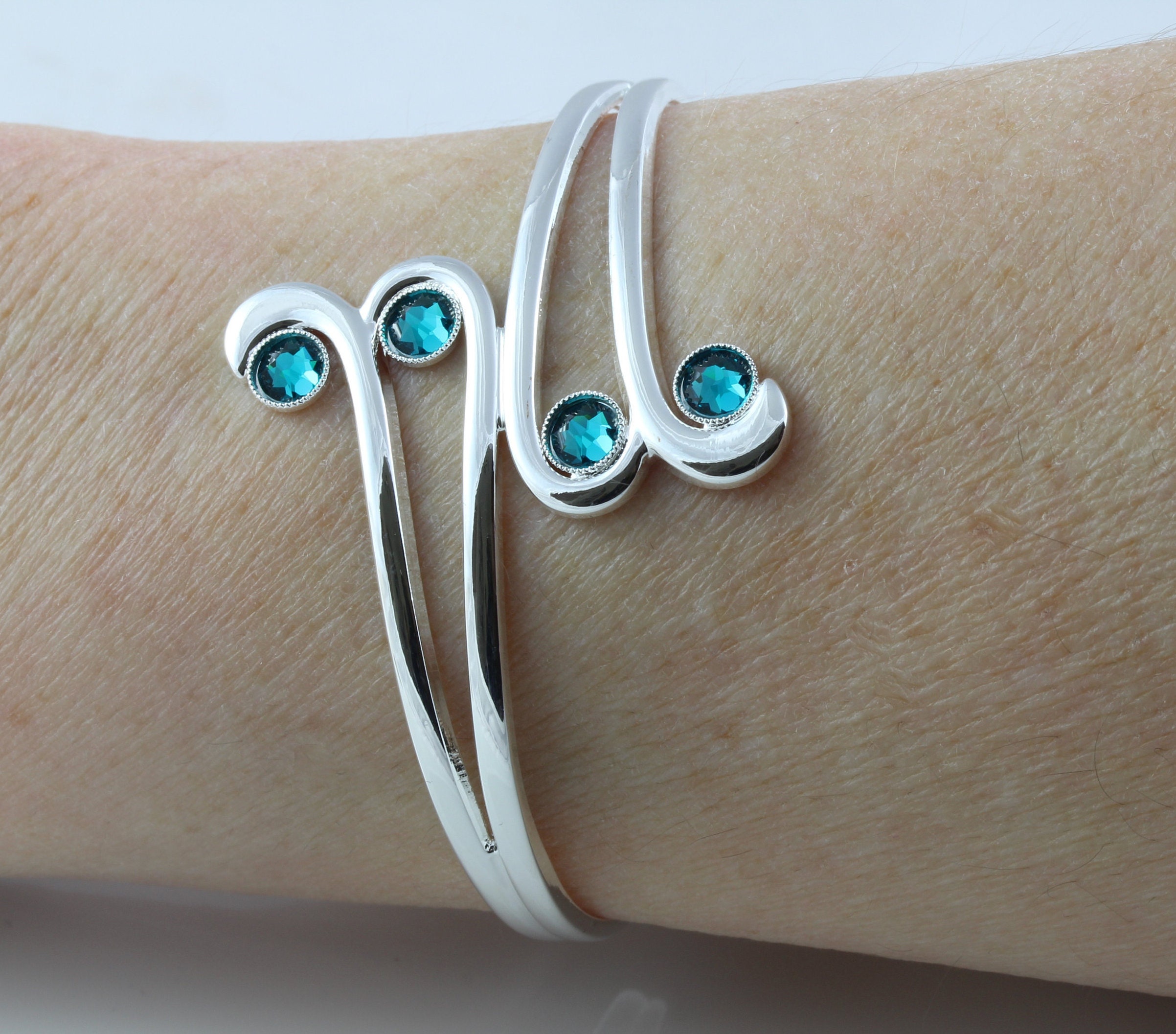 December Birthstone Swarovski Blue Zircon Crystal Adjustable/Expandable Cuff Bangle