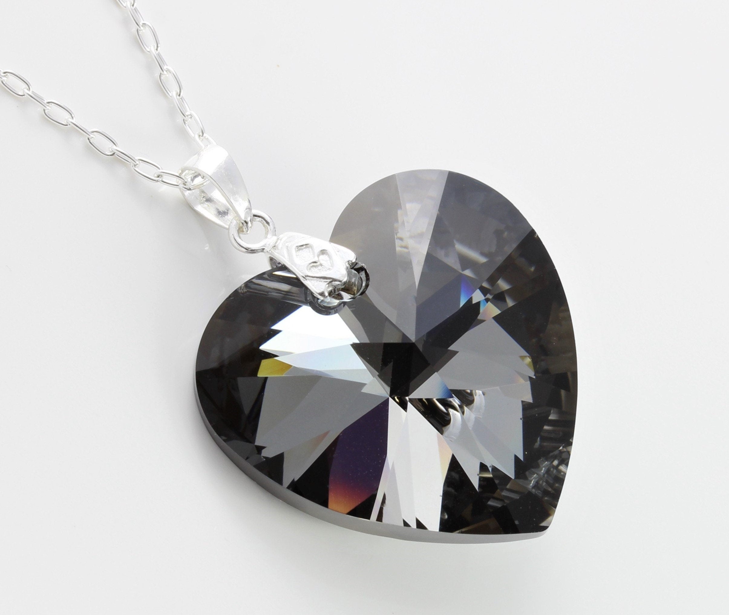 Large Sterling Silver & Swarovski Crystal Silver Night Heart Pendant