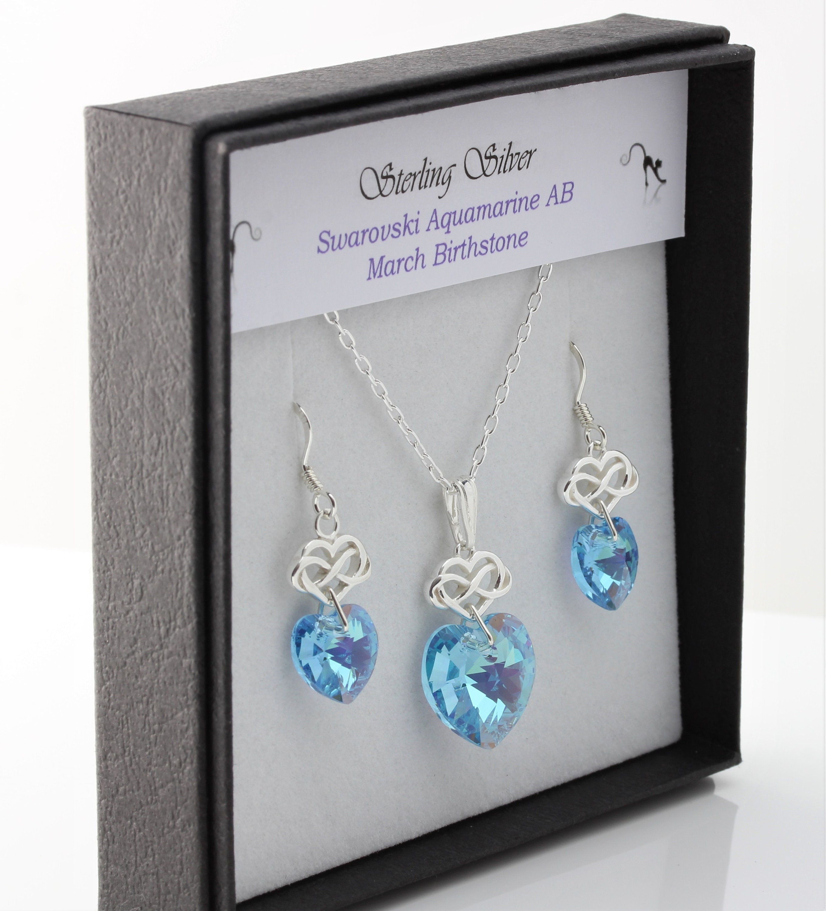 March Birthstone Sterling Silver & Swarovski Aquamarine Ab Crystal Infinity Heart Necklace & Earring Set