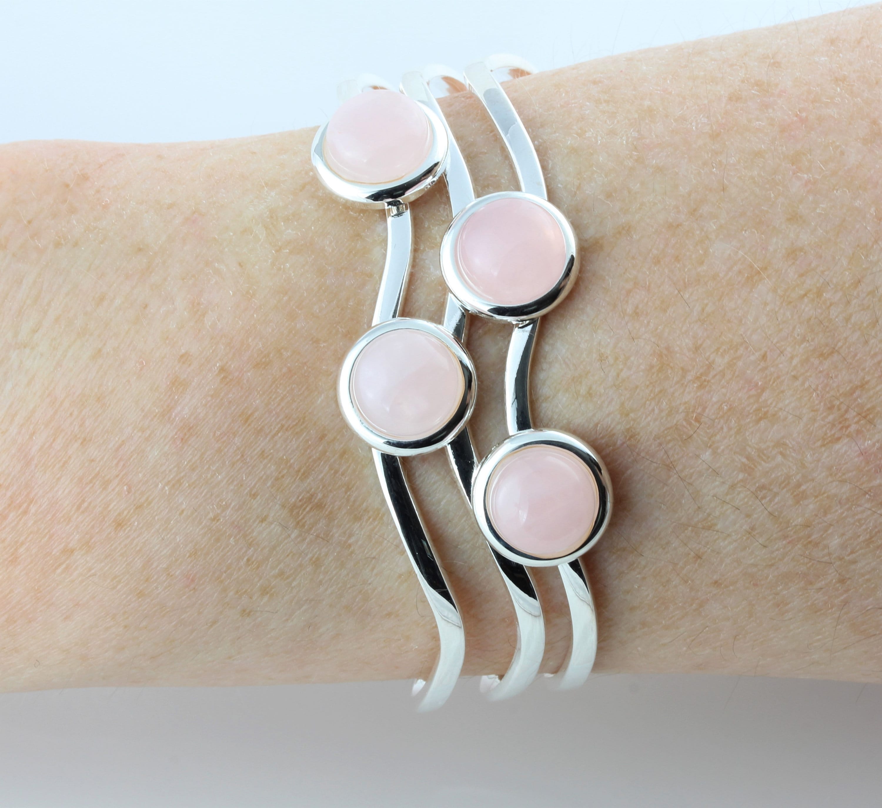 Natural Rose Quartz Gemstone Adjustable/Expandable Multi Cabochon Cuff Bangle