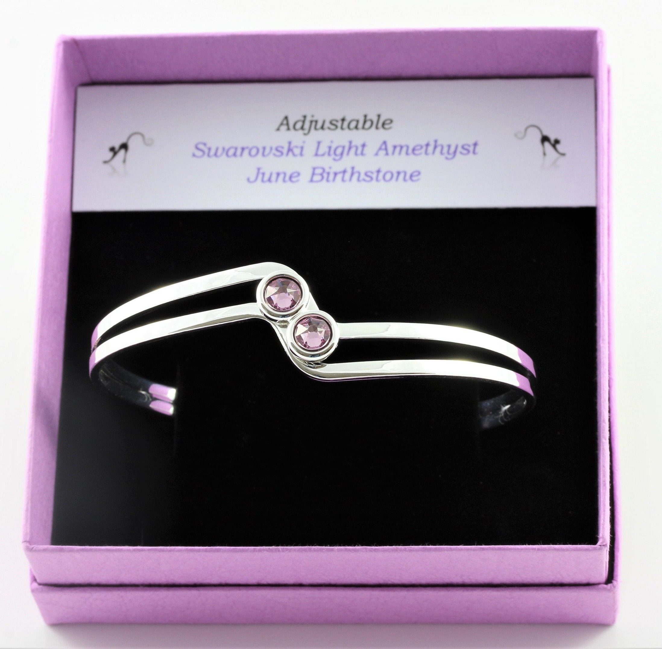 June Birthstone Swarovski Light Amethyst Crystal Adjustable/Expandable Cuff Bangle