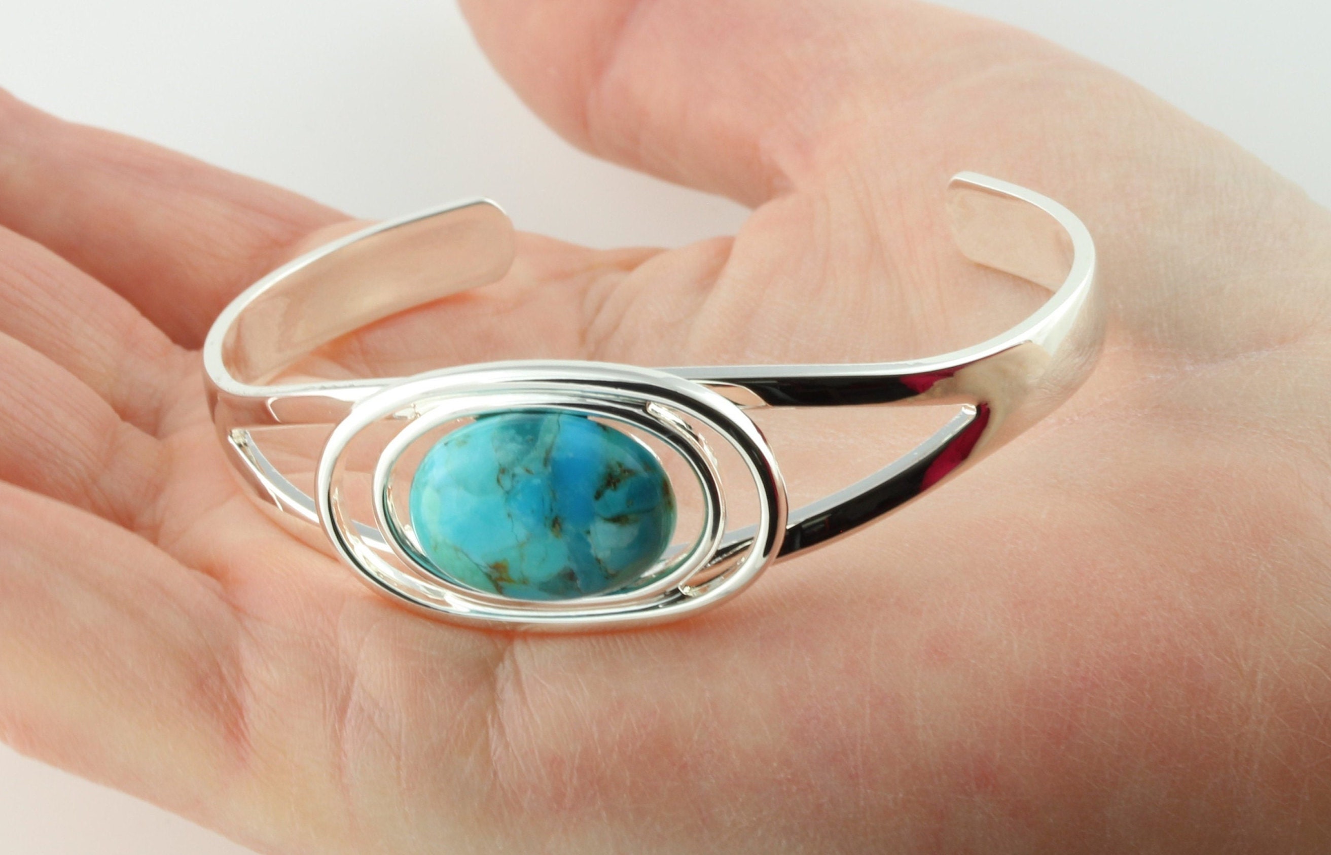 December Birthstone Natural Turquoise Gemstone Adjustable/Expandable Cabochon Cuff Bangle