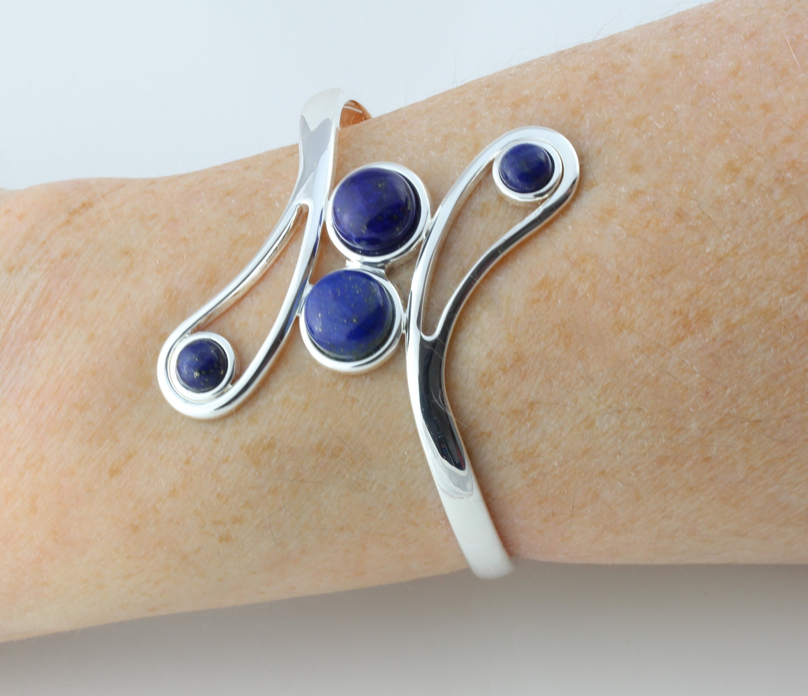 September Birthstone Natural Lapis Lazuli Gemstone Adjustable/Expandable Cabochon Cuff Bangle