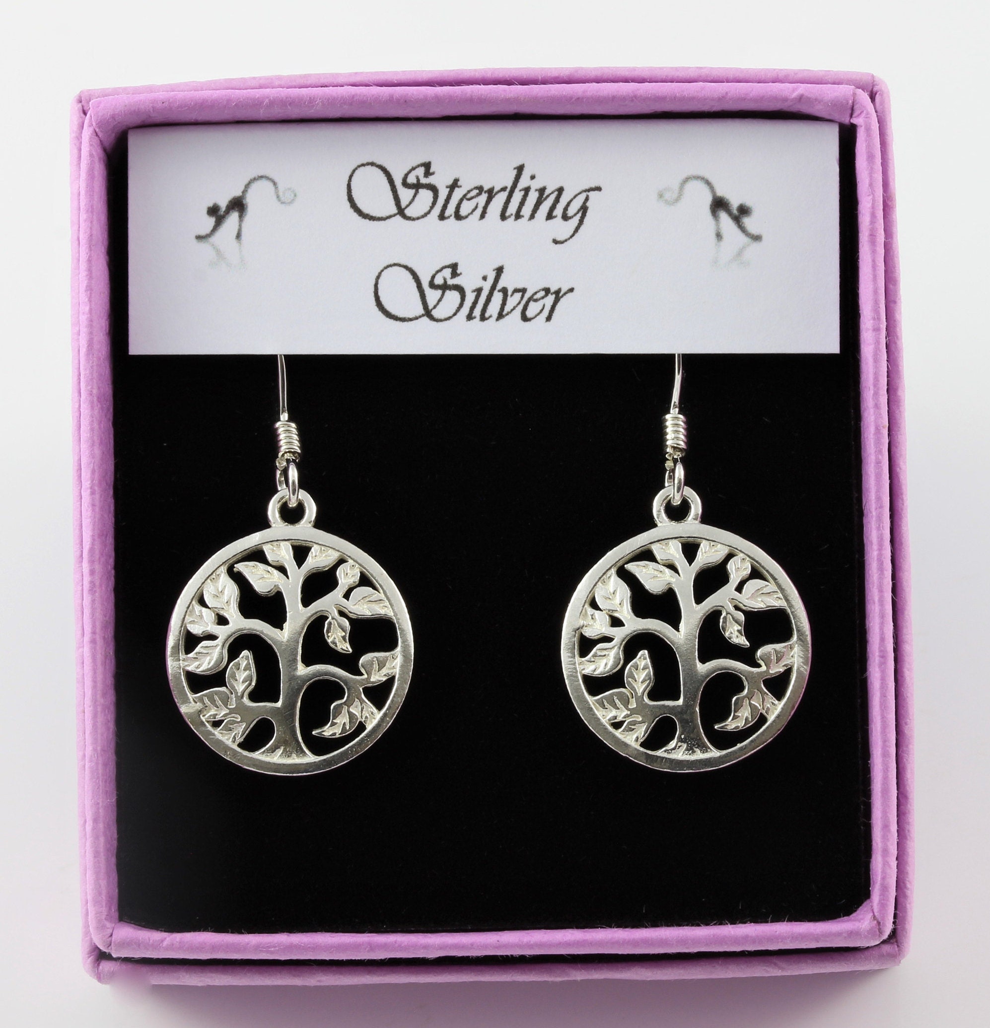 sterling Silver Tree Of Life Circular Drop Earrings