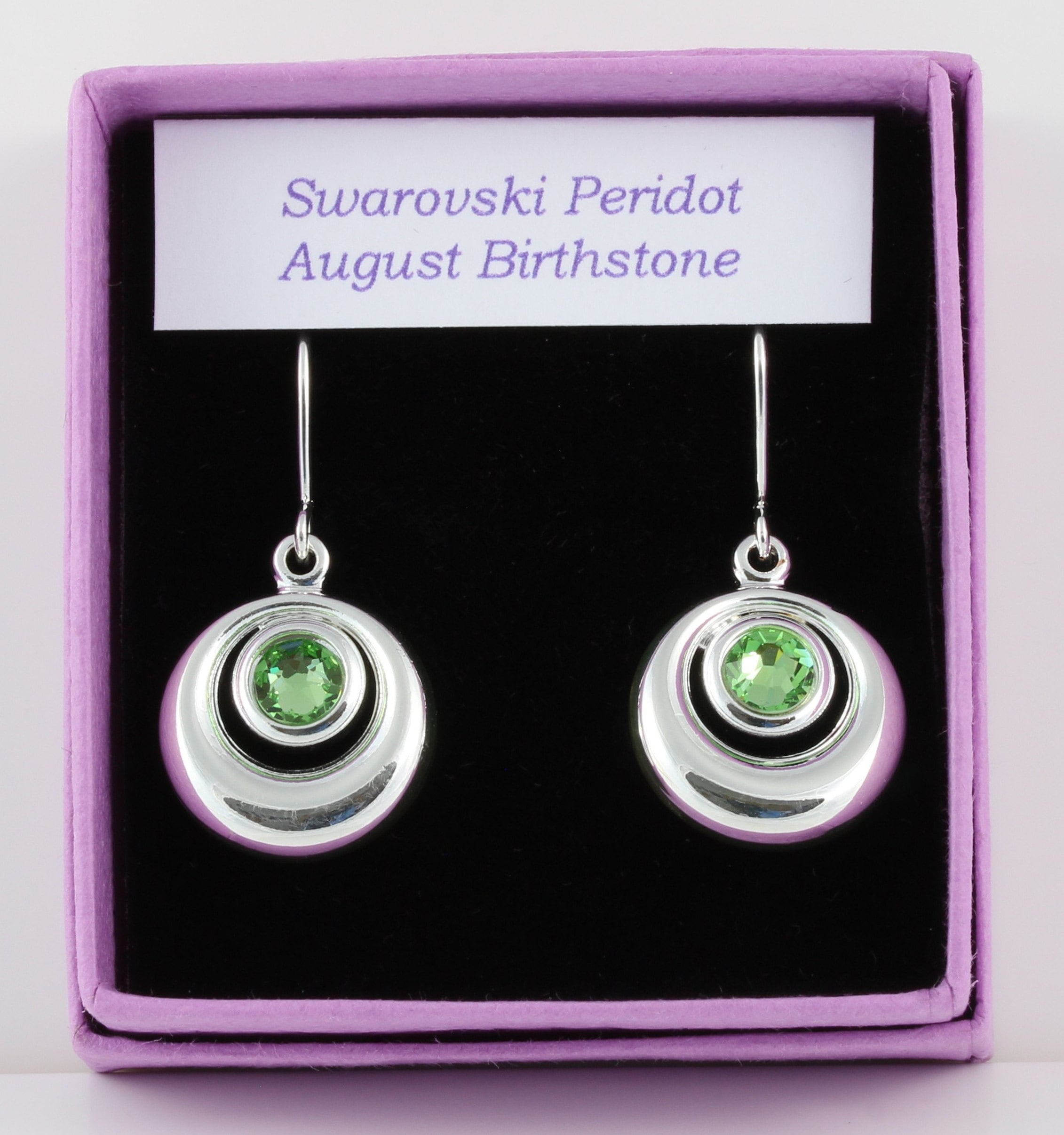 August Birthstone Swarovski Peridot Crystal Circular Cabochon Drop Earrings