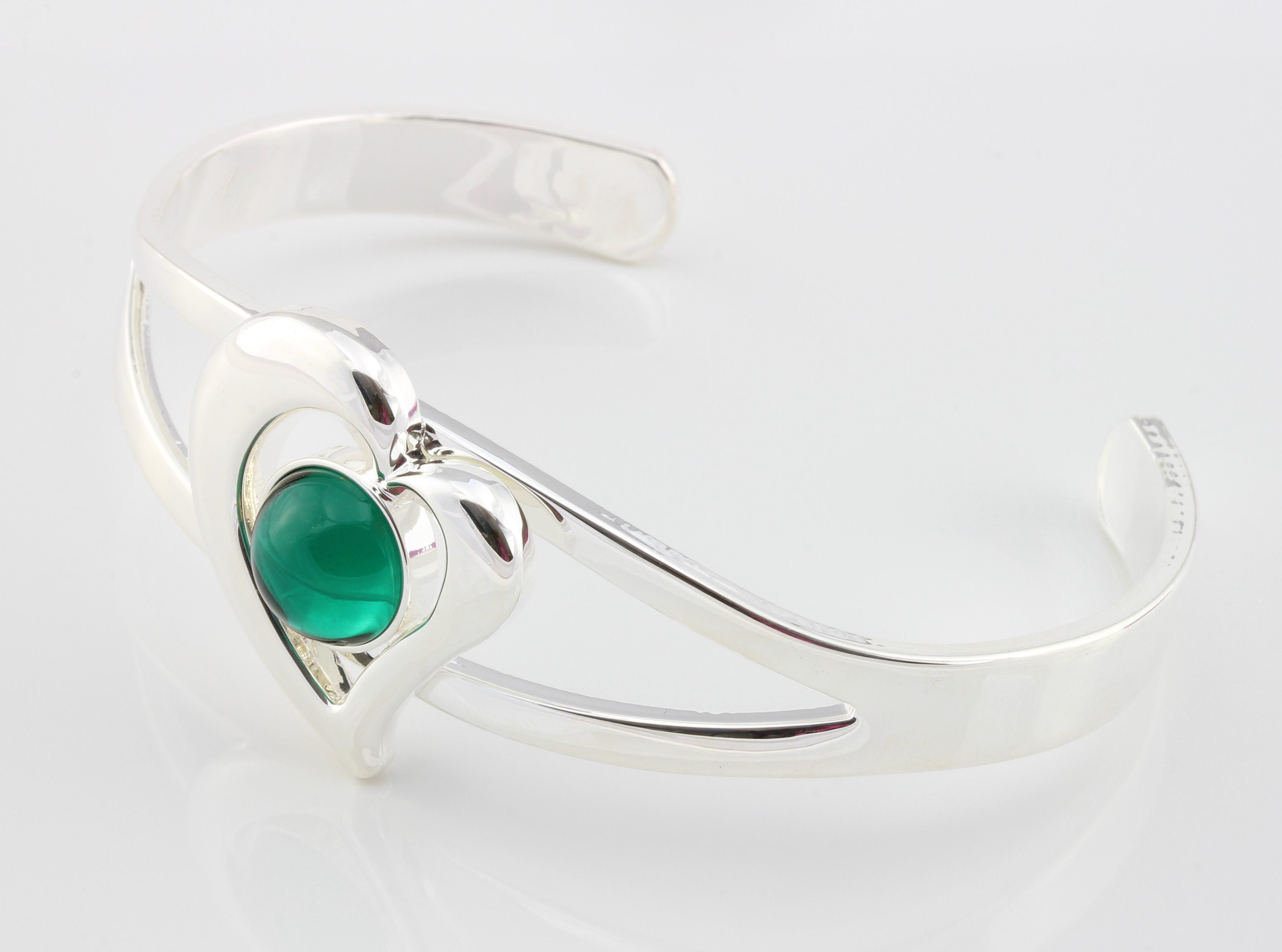 May Birthstone Vintage Swarovski Emerald Crystal Adjustable/Expandable Cabochon Heart Cuff Bangle