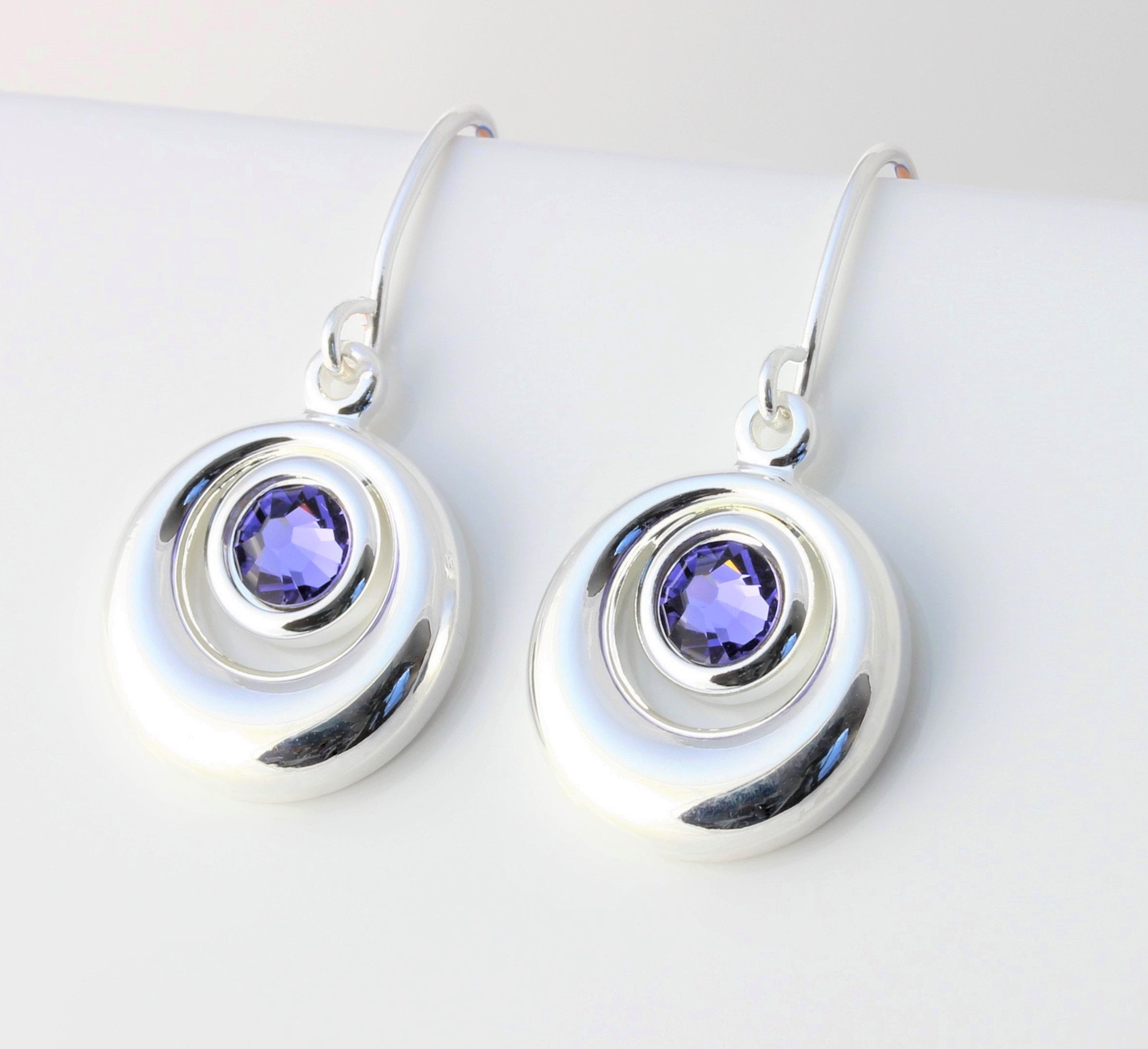 December Birthstone Swarovski Tanzanite Crystal Circular Cabochon Drop Earrings