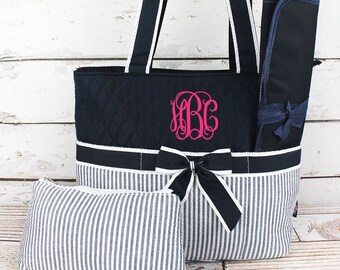 Striped Seersucker With Navy Trim Quilted Cloth Diaper Bag Quilted Tote Bag Baby Shower Gift