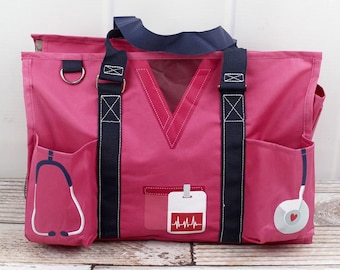 Nursing Monogrammed Diaper Bag With Multiple Outside Pockets, Organizer Tote Bag With Zippered Top in Various Colors