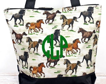 Wild Horses With Black Trim Wide Tote Bag/ Over Shoulder Purse/ Over Shoulder Bag/ Beach Bag/ Weekender Bag