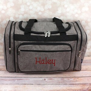 Gray Crosshatch Canvas Custom Duffle Bag With Removable Shoulder Strap, Weekend Bag