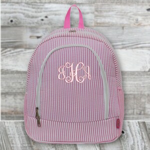 Pink Seersucker Canvas Print Medium Kids Backpack. Monogrammed Personalized Gift