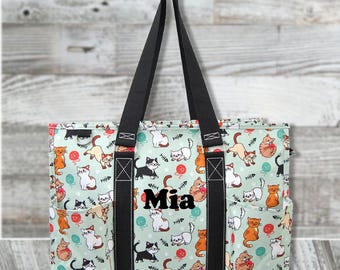 Kittens Knitting Monogrammed Diaper Bag With Multiple Outside Pockets, Organizer Tote Bag With Zippered Top in Various Colors