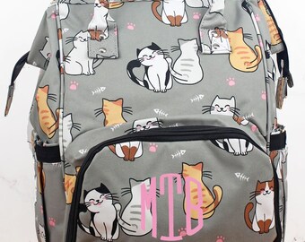 Cat's Meow Monogrammed Diaper Bag Backpack Personalized Gift For Baby Shower Nursing Tote Bag