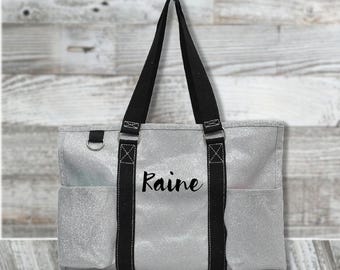 Silver Glitter Monogrammed Diaper Bag With Multiple Outside Pockets, Organizer Tote Bag With Zippered Top