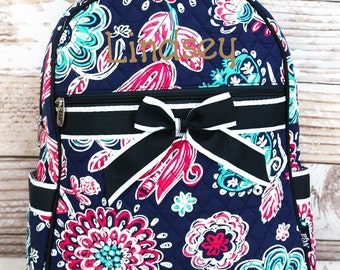 Summer Blooms in Navy Trim Quilted Preschool Backpack Mini Backpack Purse Toddler Diaper Bag Backpack Small Backpack
