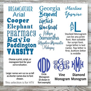 May include: A white background displays various blue font styles, including script and block letters. Text examples include "Varsity," "Beyond," and "Samantha." The image also shows monogram styles: circle, vine, and diamond.