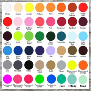 May include: A color chart featuring a variety of hues, each labeled with its name. Colors range from white and cream to vibrant shades of pink, green, and blue. The chart includes names like "Jade" and "Tiffany".