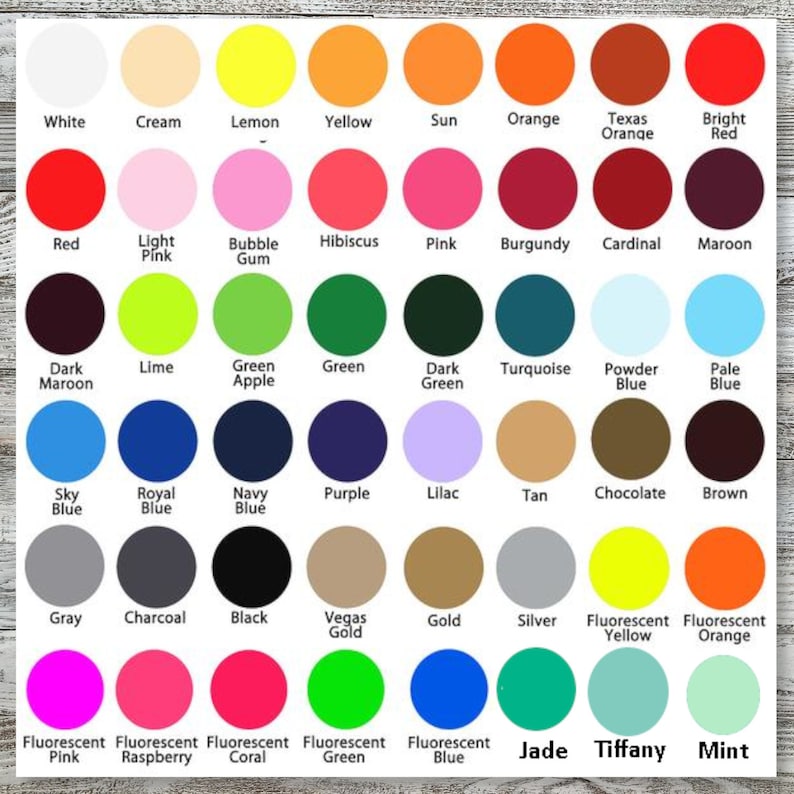 May include: A color chart featuring a variety of hues, each labeled with its name. Colors range from white and cream to vibrant shades of pink, green, and blue. The chart includes names like "Jade" and "Tiffany".