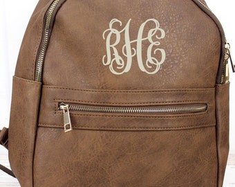 Brown Lightweight Faux Leather Backpack Monogram Backpack/ Personalized Purse/ Monogrammed Backpack