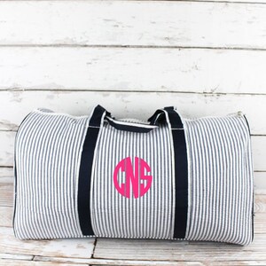 Striped Seersucker in Pink or Navy Personalized Quilted Duffle Bag Womens Duffle Bag Weekender Bag Cheer Bag