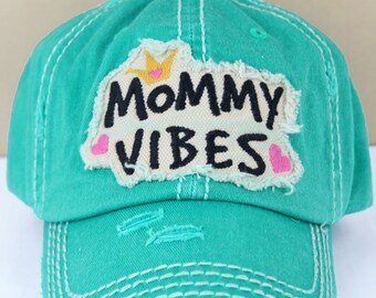 MOMMY VIBES in Distressed Turquoise Graphic Baseball Hat Bad Hair Day Baseball Hat/ Mother's Day Gift