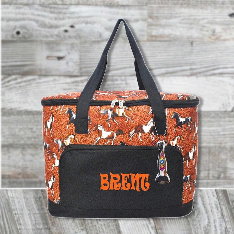 Tooled Leather Print With Horses Insulated Cooler Tote Bag, Soft Sided Cooler, Leakproof Travel Cooler image 1