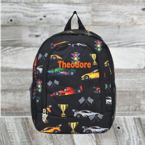 Race Car Canvas Print Medium Kids Backpack. Monogrammed Personalized Gift