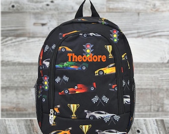 Race Car Canvas Print Medium Kids Backpack. Monogrammed Personalized Gift