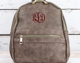 Taupe Embroidered Faux Leather Mini Backpack Purse Custom Backpack