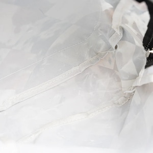 May include: A clear, white, and gray bag interior with a black zipper. The bag's interior is made of a translucent material, with seams and stitching visible. The bag's design is simple and functional.