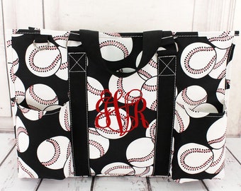 Baseball Monogrammed Diaper Bag With Multiple Outside Pockets, Organizer Tote Bag With Zippered Top