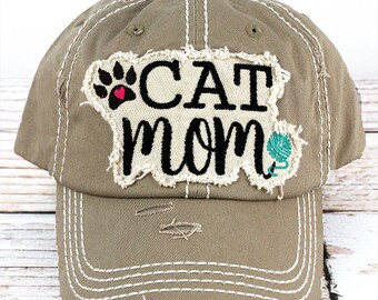 Cat Mom Decorative Ball Cap in Distressed Khaki Graphic Baseball Hat / Bad Hair Day Baseball Hat/ Mother's Day Gift