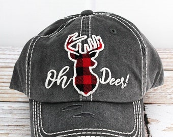Oh Deer in Distressed Black Graphic Baseball Hat Bad Hair Day Mother's Day Gift for Mom
