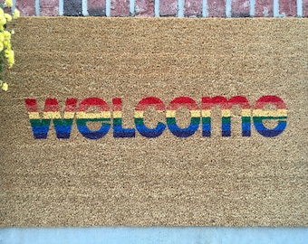Rainbow Welcome Door Mat // Hand-Painted Door Mat // Pride Welcome Mat // LGBTQ+ Welcome Mat // Pride Door Mat