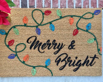 Merry & Bright Door Mat // Hand-Painted Door Mat // Christmas Welcome Mat // Holiday Door Mat // Christmas Lights Door Mat
