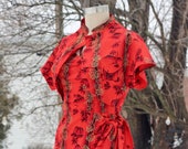 Hawaiian dress and bolero, Pinup dress, Tiki dress, Sarong dress, Reproduction dress made with vintage fabric, red dress, Size medium.