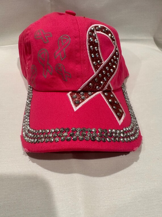 Custom Pink Breast Cancer Awareness Ribbon Baseball Cap with Pearls s-l400.jpg main image 3
