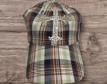 Women's plaid Bling CROSS Baseball Hat | Rhinestone Cross Cap | Christian Gift | Boutique Hat | Sparkly Faith Hat