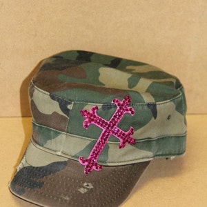 Camo cadet/castro style hat with pink bling cross image 1