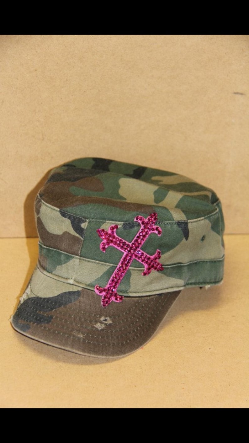 Camo cadet/castro style hat with pink bling cross image 1