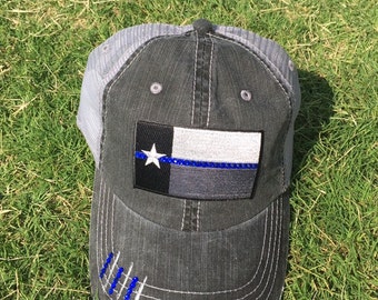 Texas Flag Blue Line Hat w/Crystals | Distressed Black White Gray Cap | Law Enforcement Support Hat | Police Wife Gift | Blue Line Bling Hat