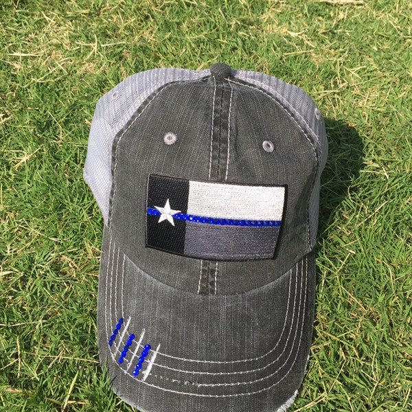Texas flag BLUE LINE bling hat police/law enforcement
