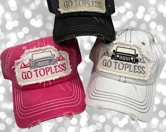 Go Topless Jeep Hat with Crystals – Distressed Jeep Baseball Cap – Jeep Girl Gift – Adjustable Velcro Strap – Jeep Apparel – Ready to Ship